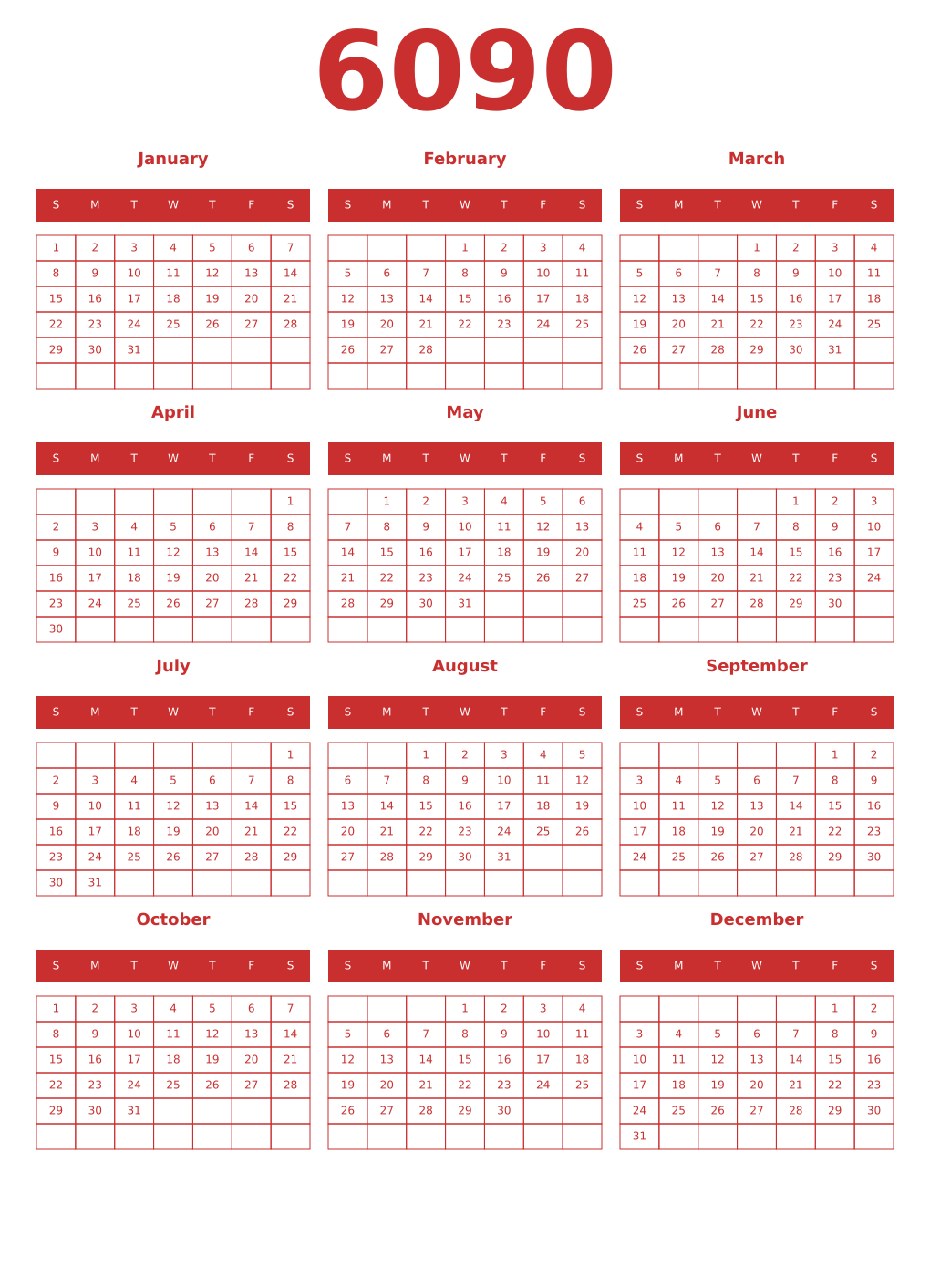 Printable 6090 Year Calendars red