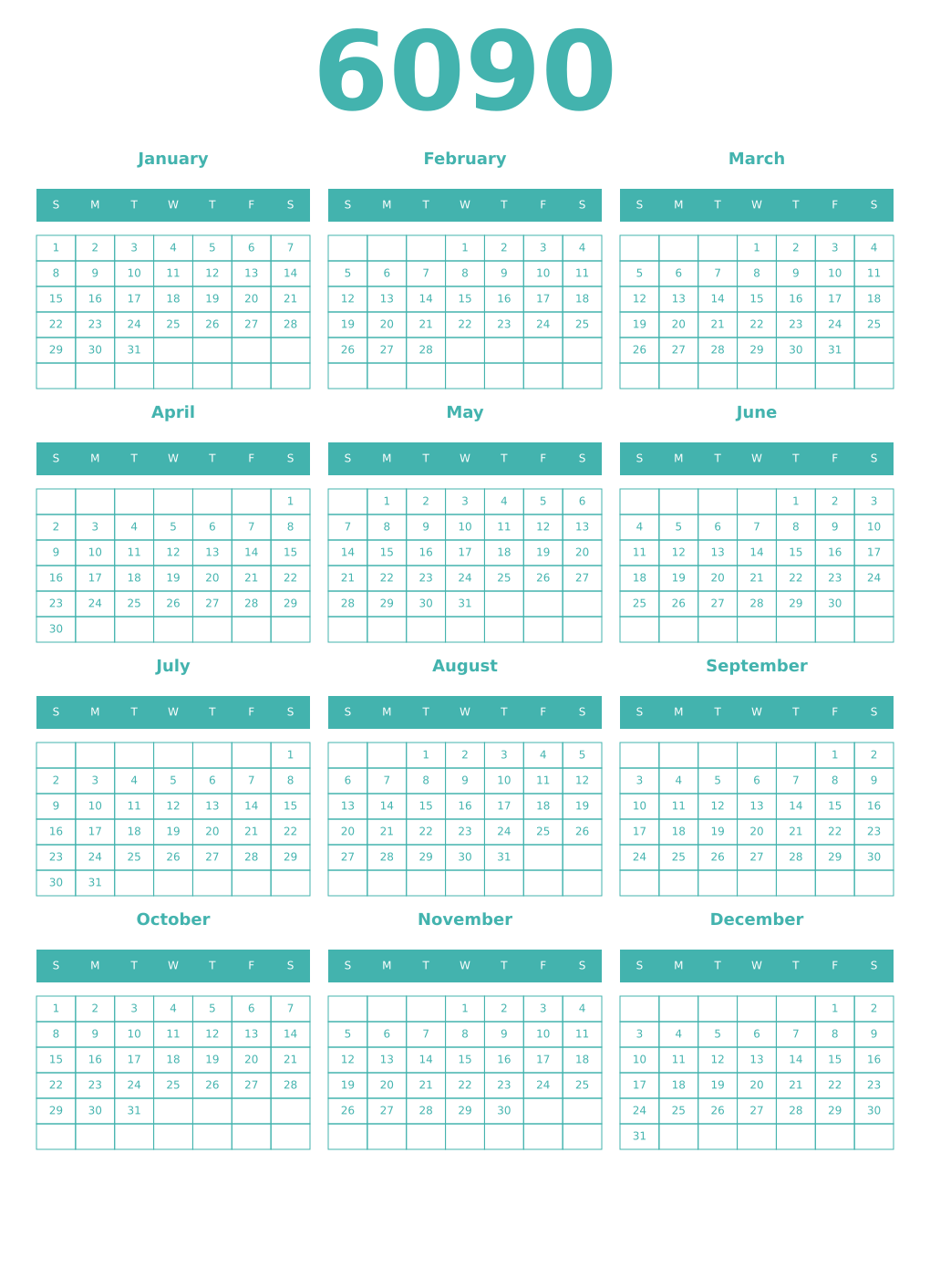 Printable 6090 Year Calendars verdigris