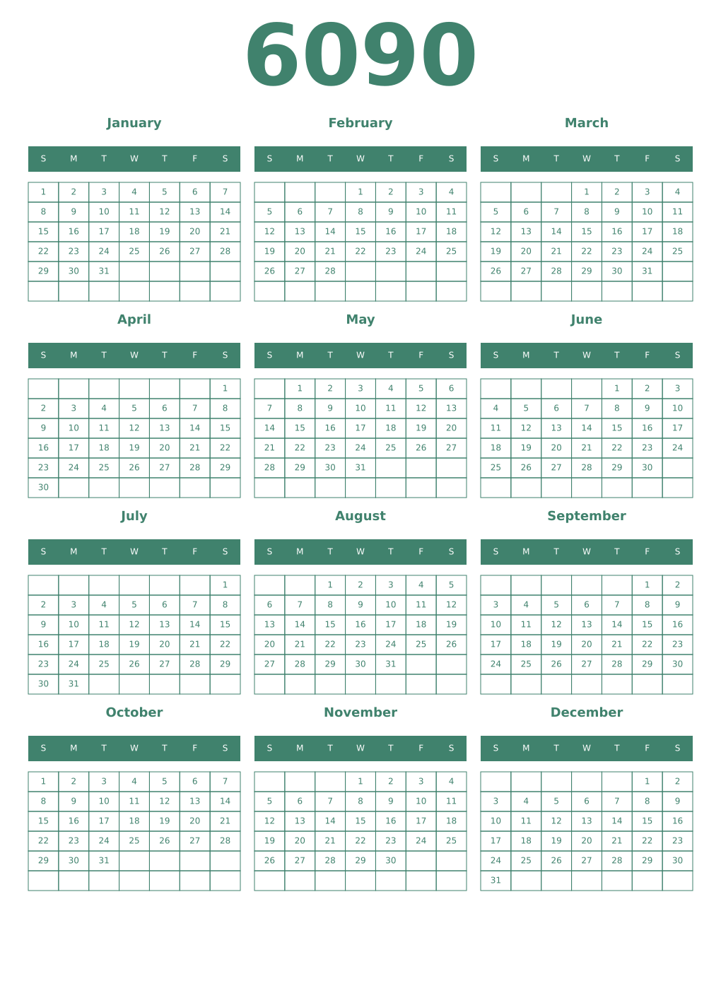 Printable 6090 Year Calendars viridian