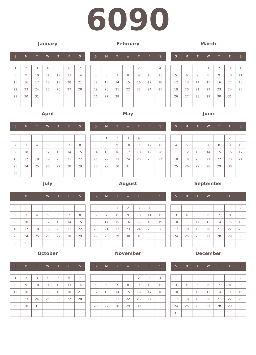 Printable 6090 Year Calendars wenge