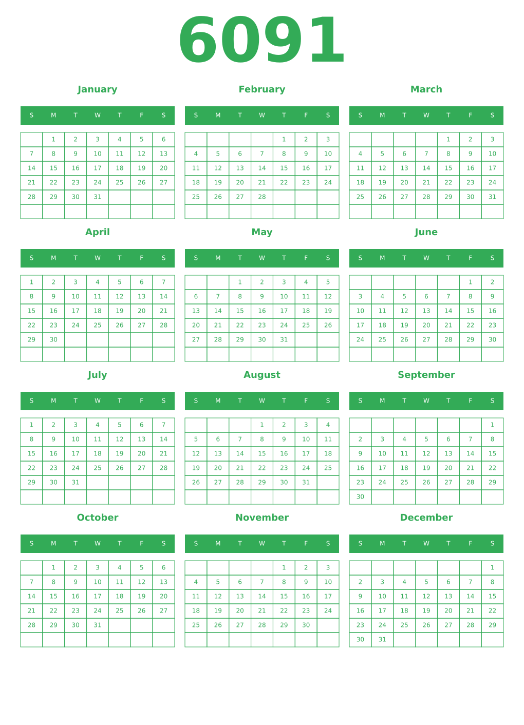 Printable 6091 Year Calendars green