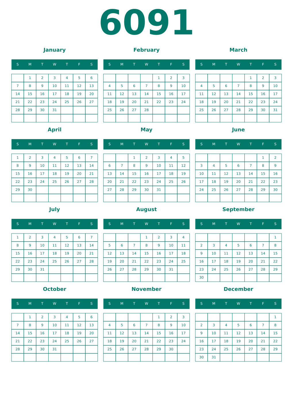 Printable 6091 Year Calendars pastel