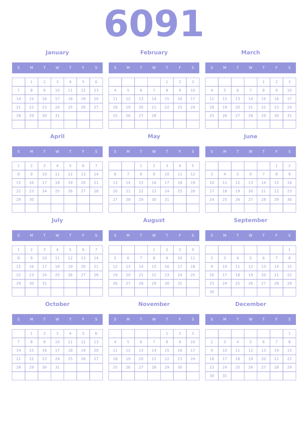 Printable 6091 Year Calendars periwinkle