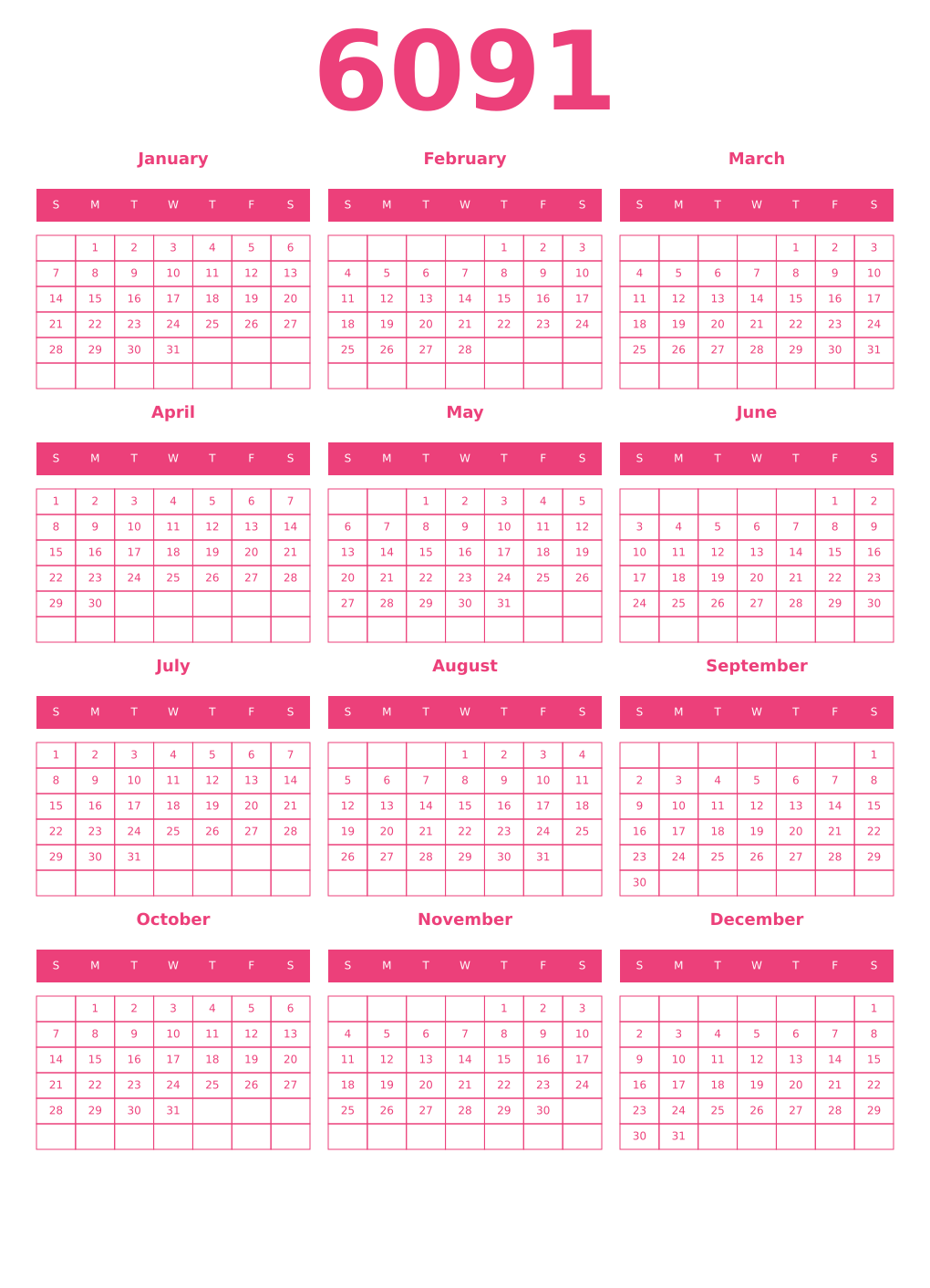 Printable 6091 Year Calendars pink