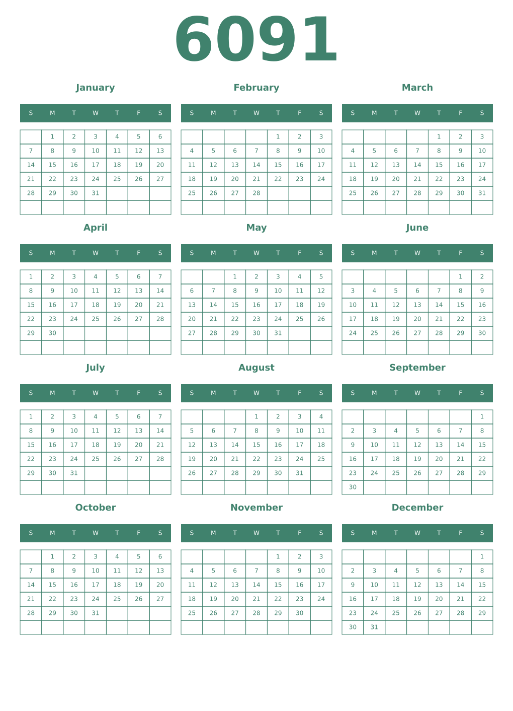Printable 6091 Year Calendars viridian