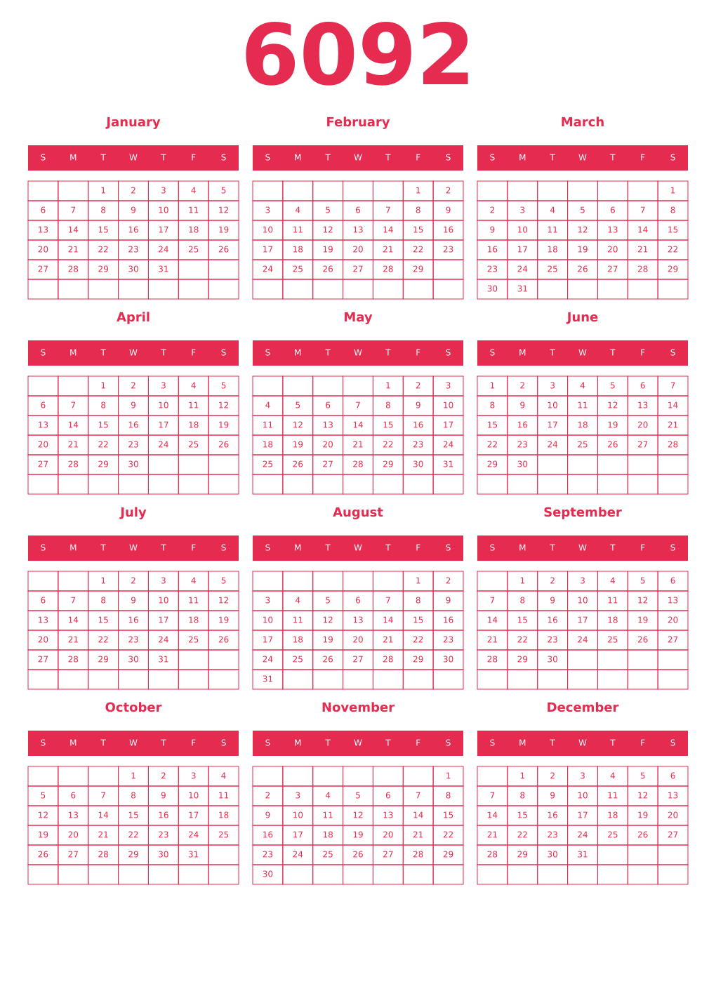 Printable 6092 Year Calendars amaranth