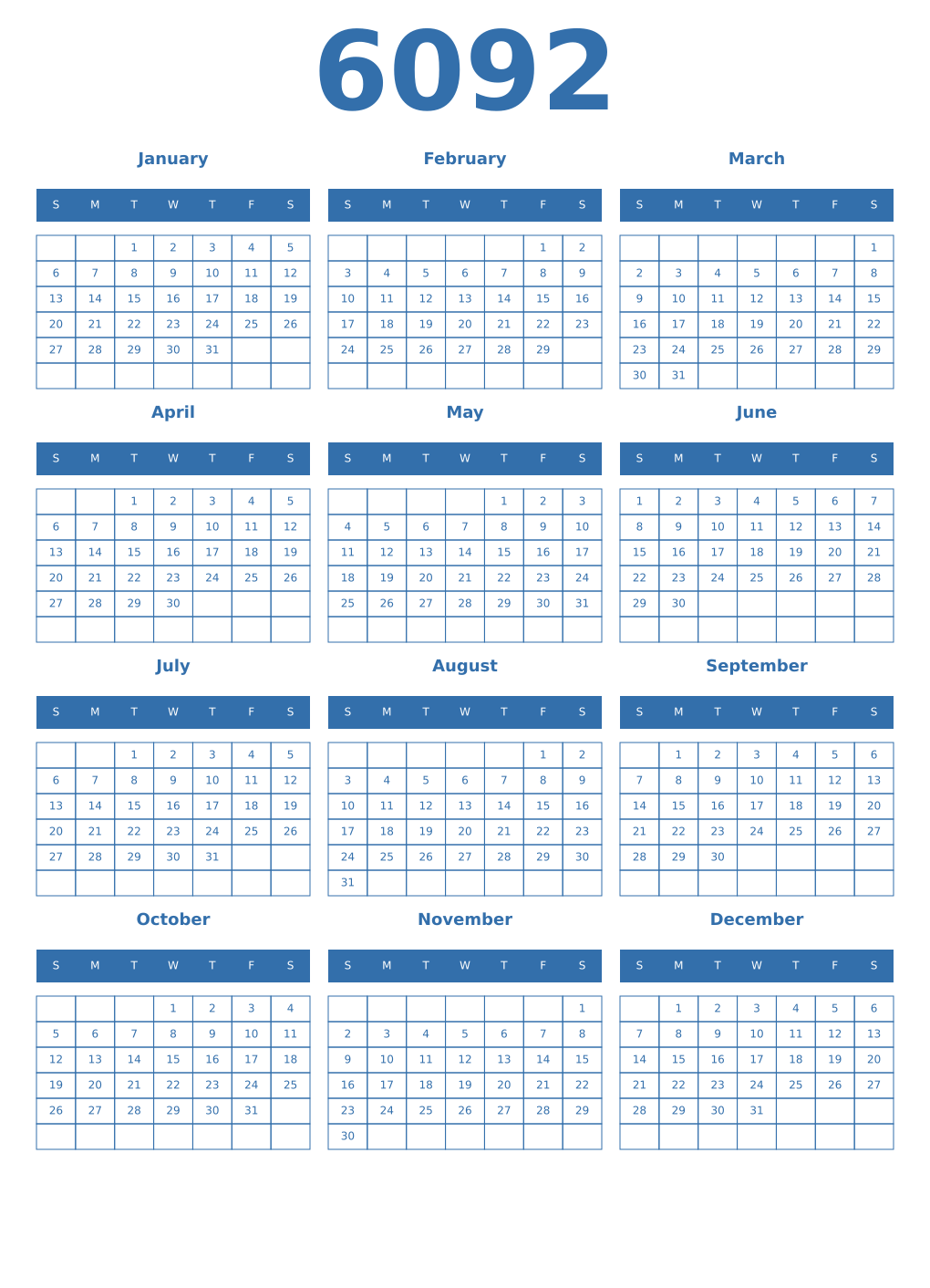 Printable 6092 Year Calendars blue