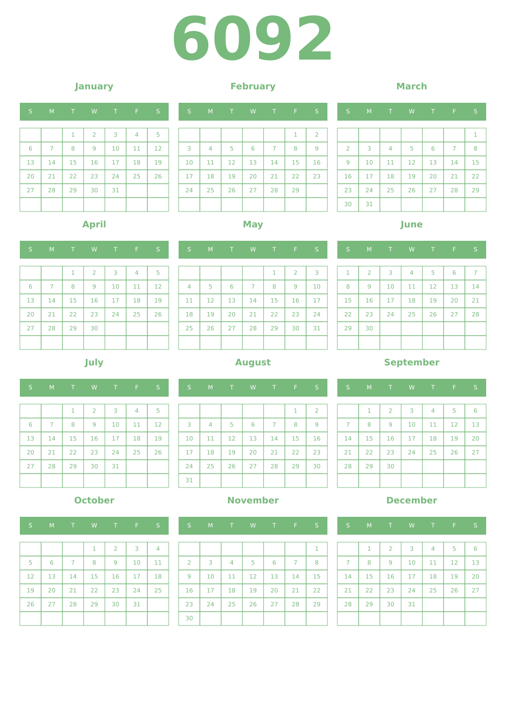 Printable 6092 Year Calendars celadon