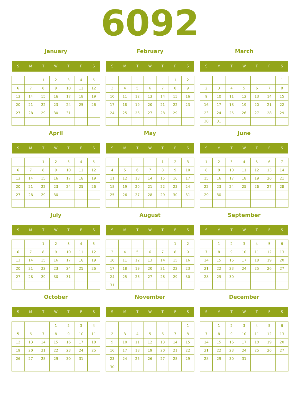 Printable 6092 Year Calendars chartreuse