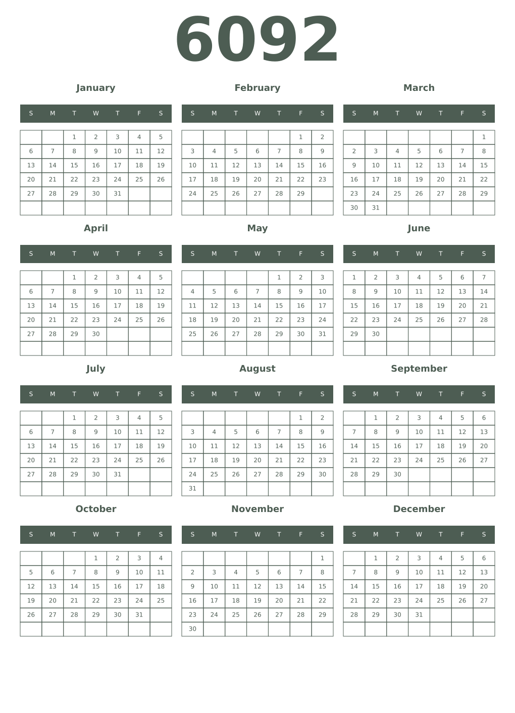 Printable 6092 Year Calendars feldgrau