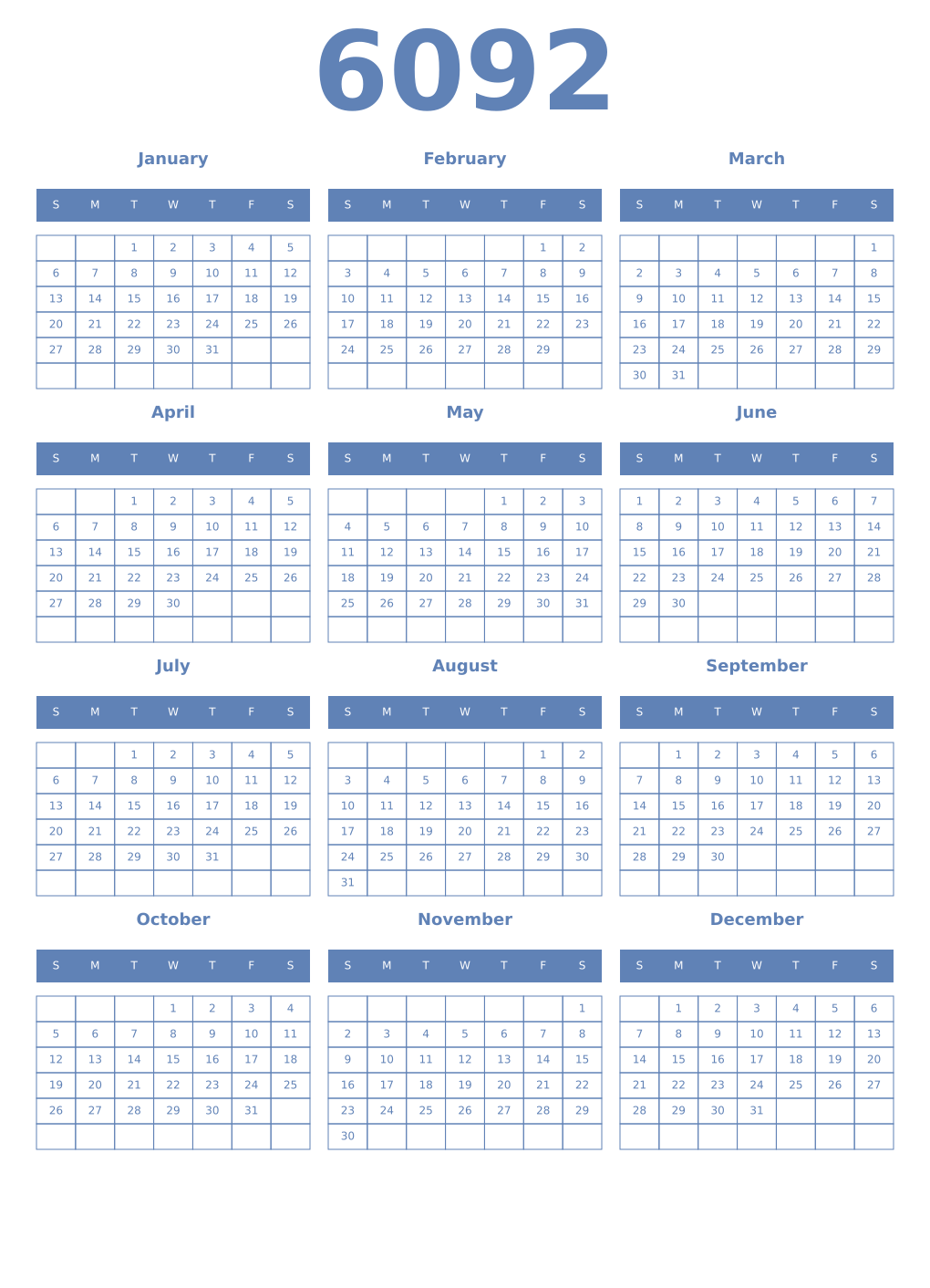 Printable 6092 Year Calendars glaucous