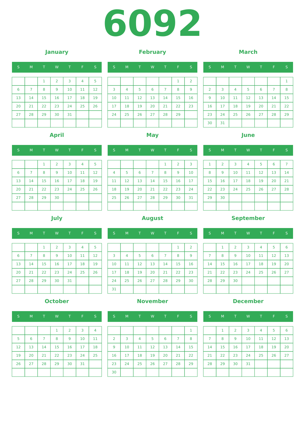 Printable 6092 Year Calendars green