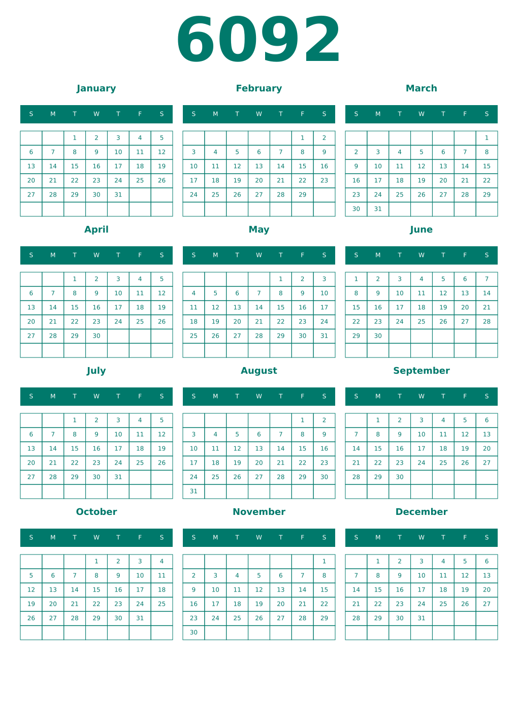 Printable 6092 Year Calendars pastel