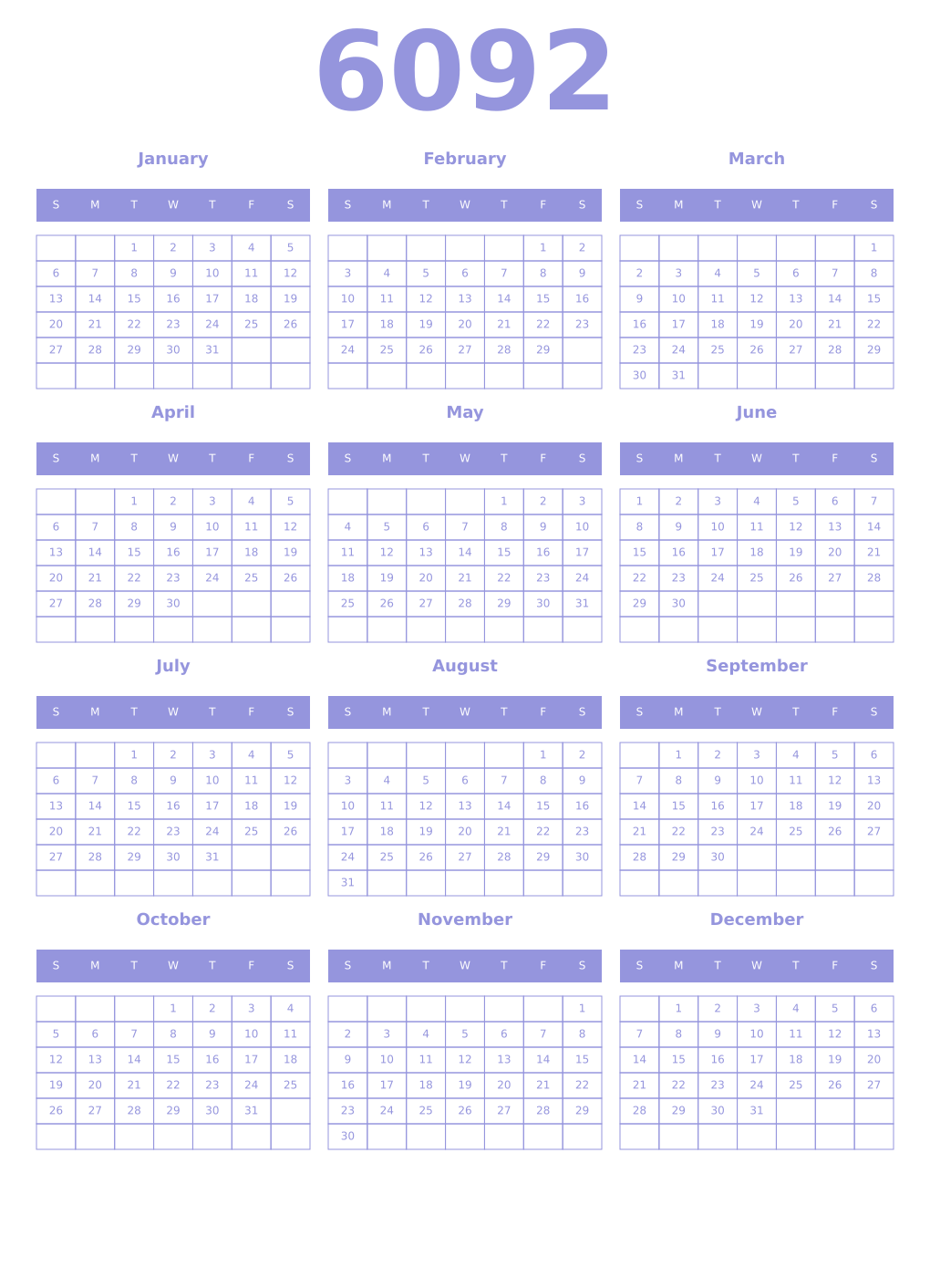 Printable 6092 Year Calendars periwinkle