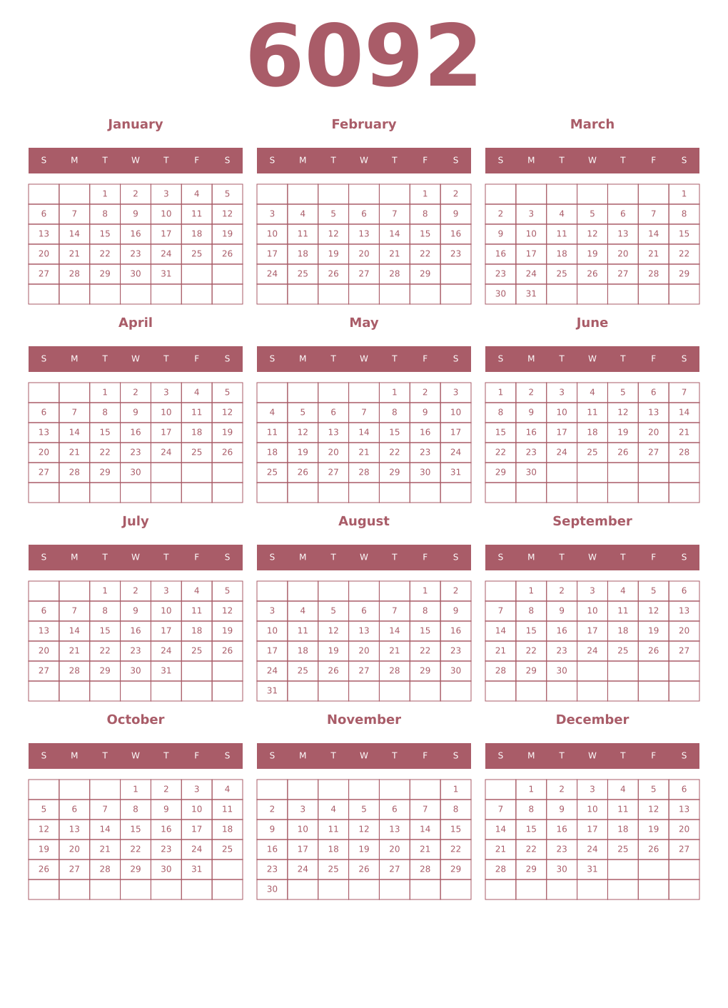Printable 6092 Year Calendars puce