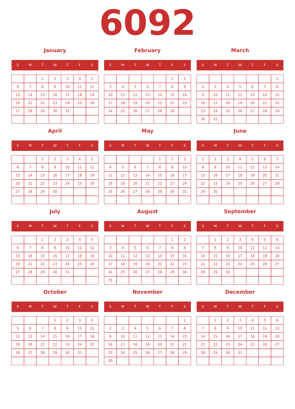 Printable 6092 Year Calendars red