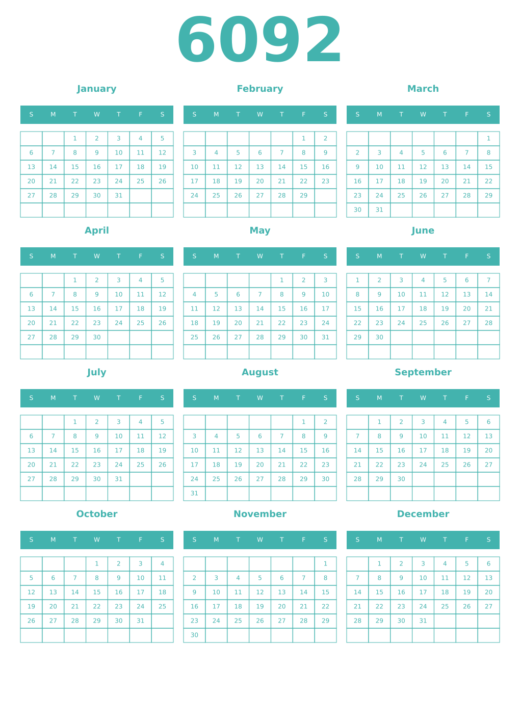 Printable 6092 Year Calendars verdigris