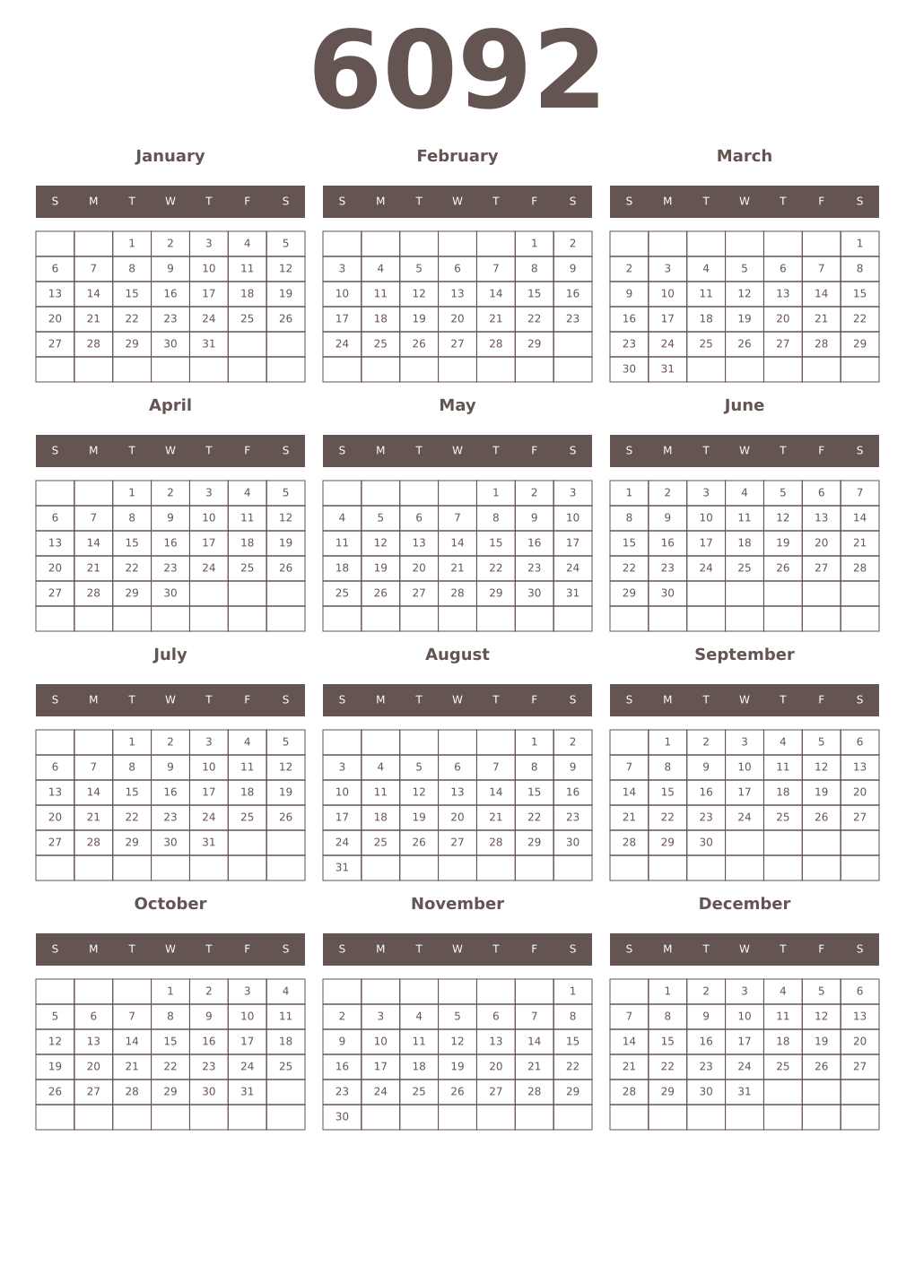 Printable 6092 Year Calendars wenge