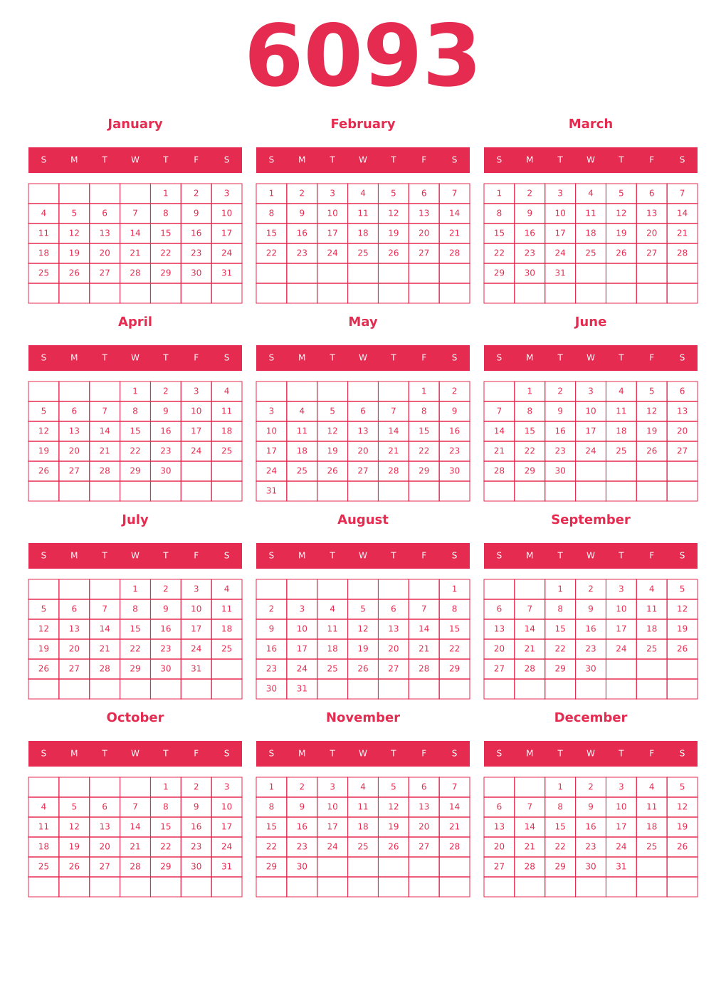 Printable 6093 Year Calendars amaranth