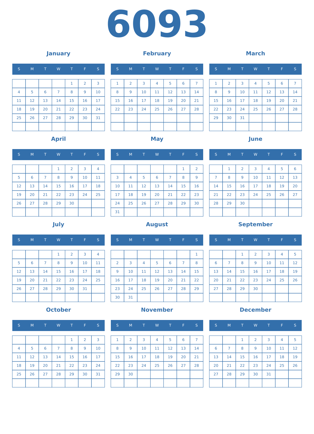 Printable 6093 Year Calendars blue