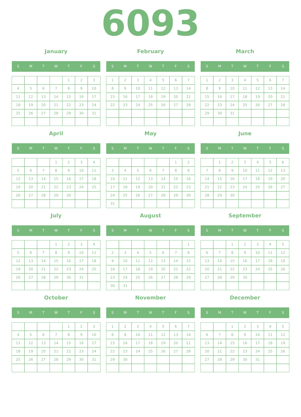 Printable 6093 Year Calendars celadon