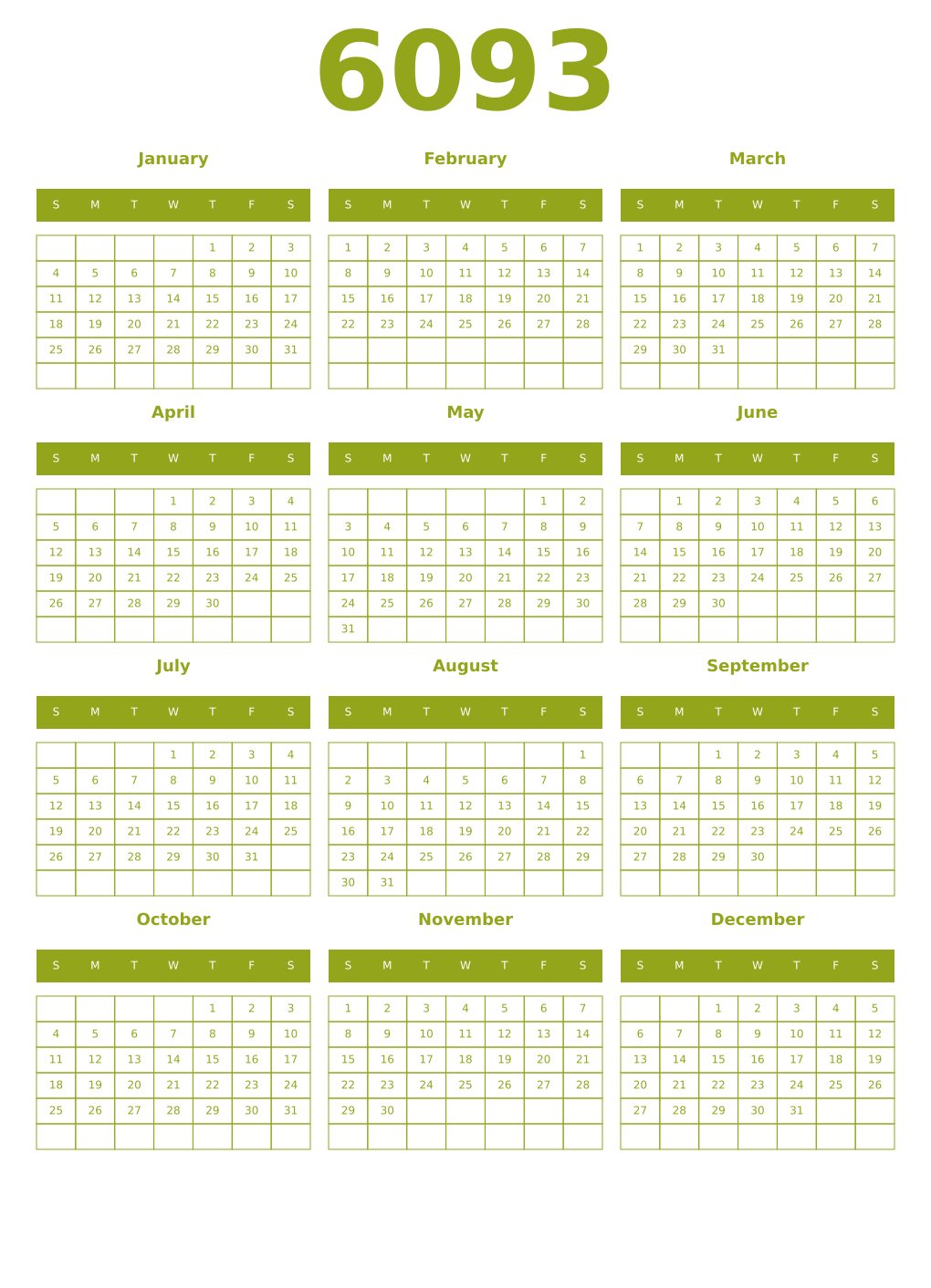 Printable 6093 Year Calendars chartreuse