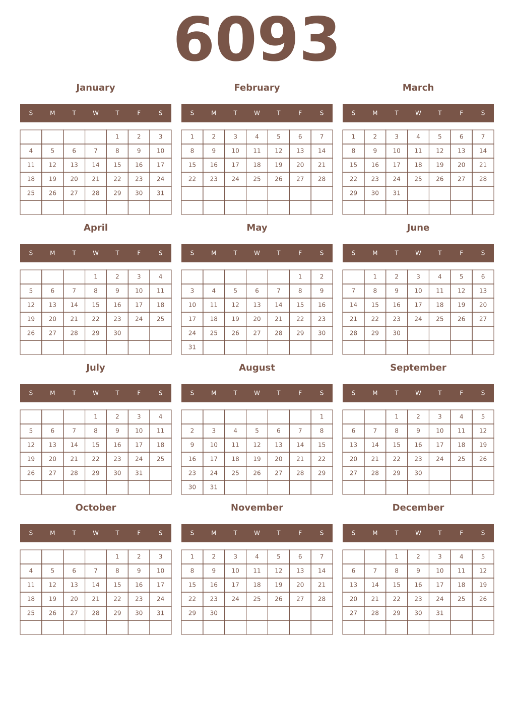 Printable 6093 Year Calendars coffe