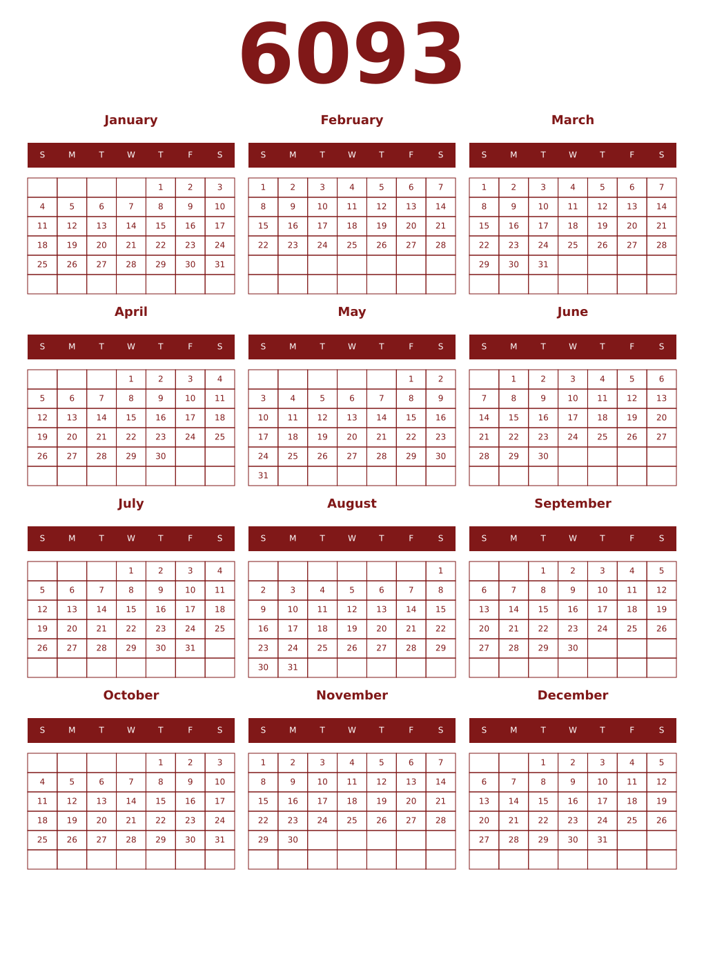 Printable 6093 Year Calendars falu