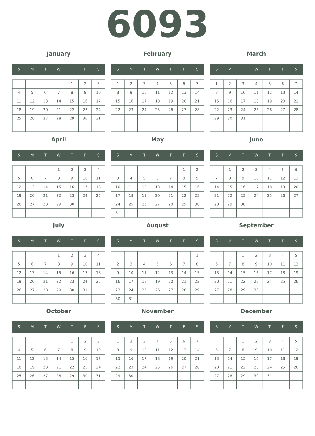 Printable 6093 Year Calendars feldgrau
