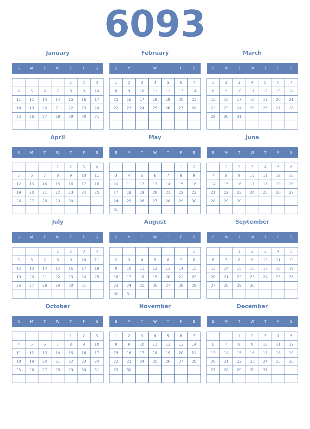 Printable 6093 Year Calendars glaucous