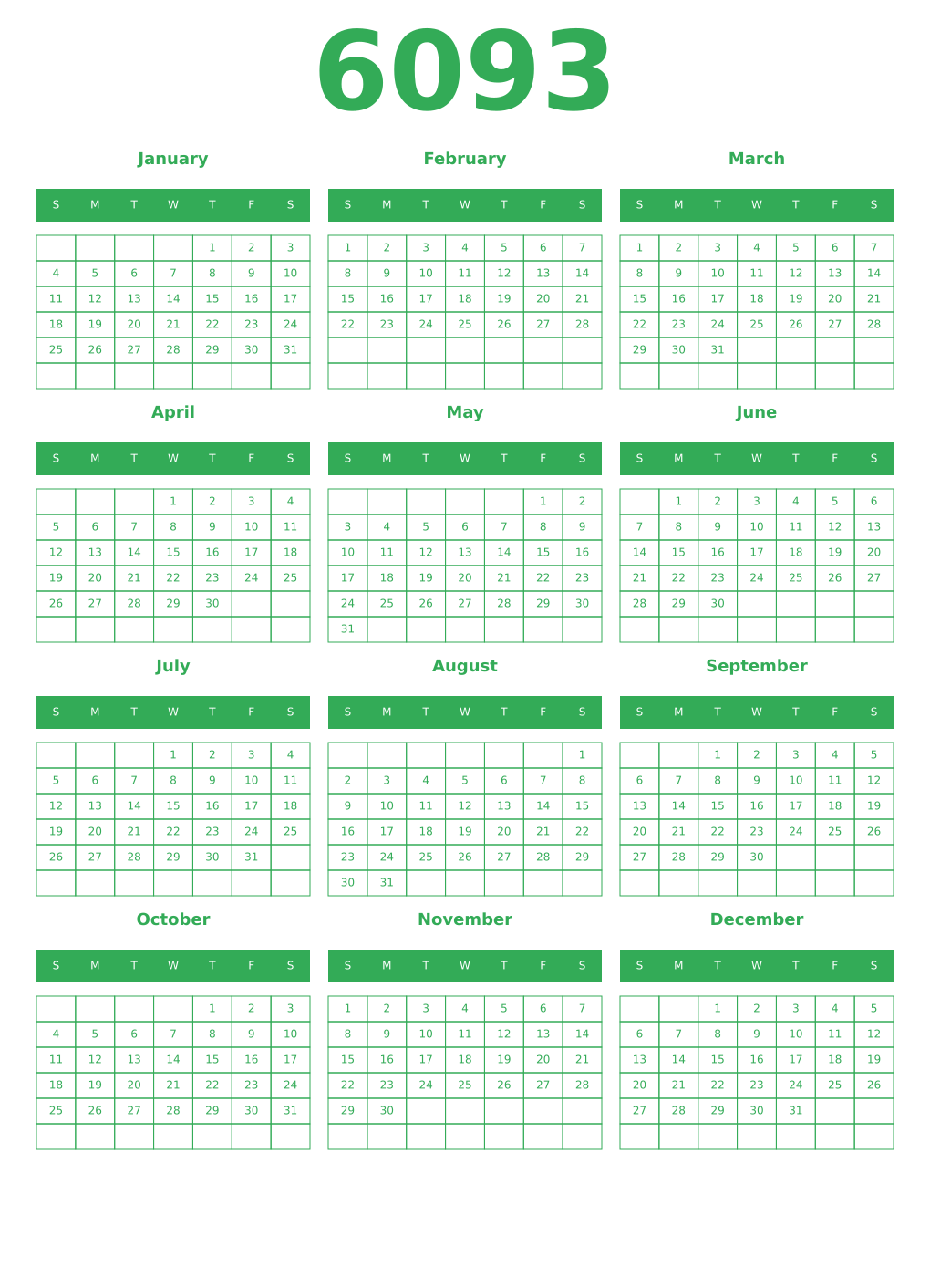 Printable 6093 Year Calendars green
