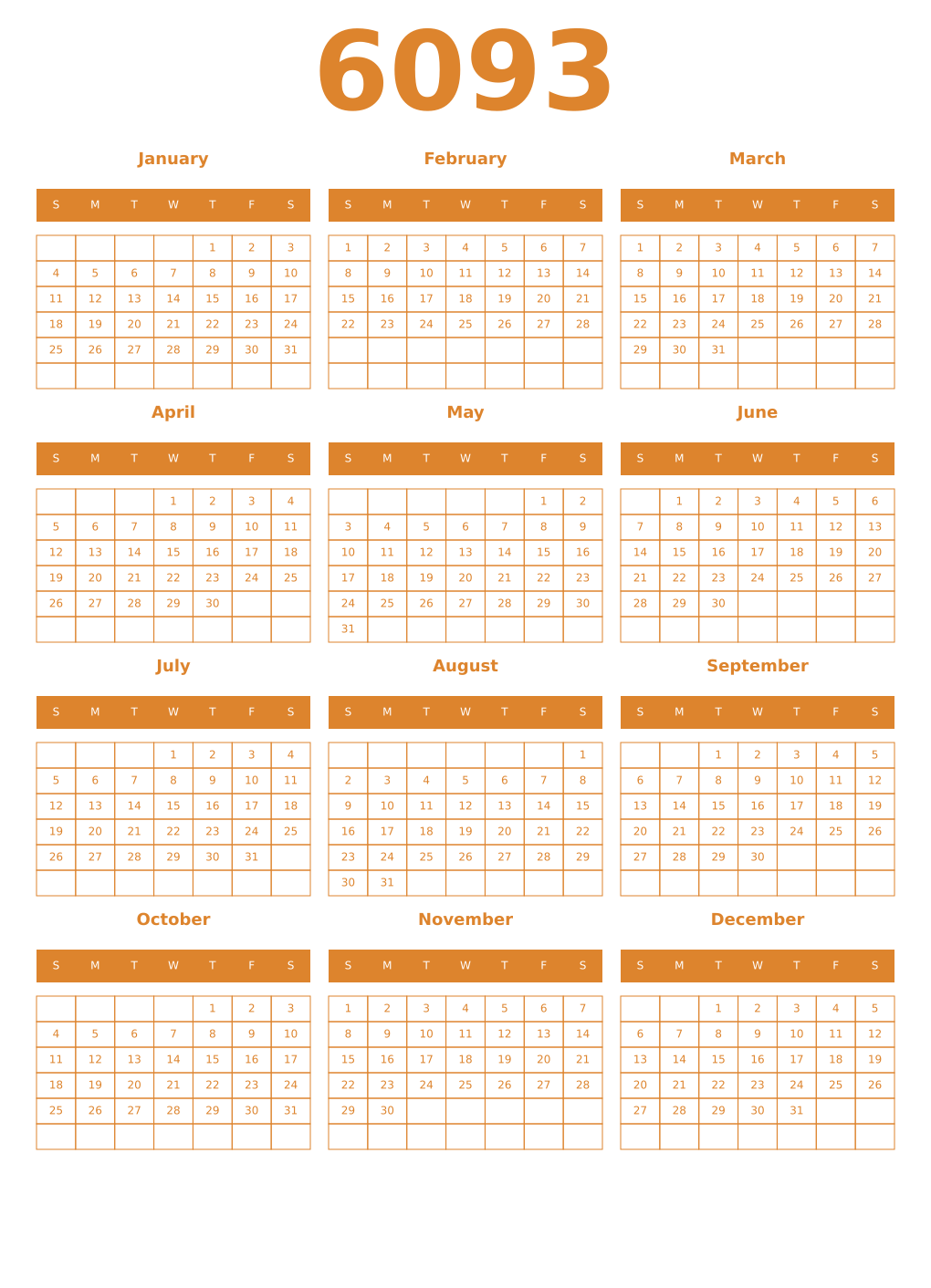Printable 6093 Year Calendars orange