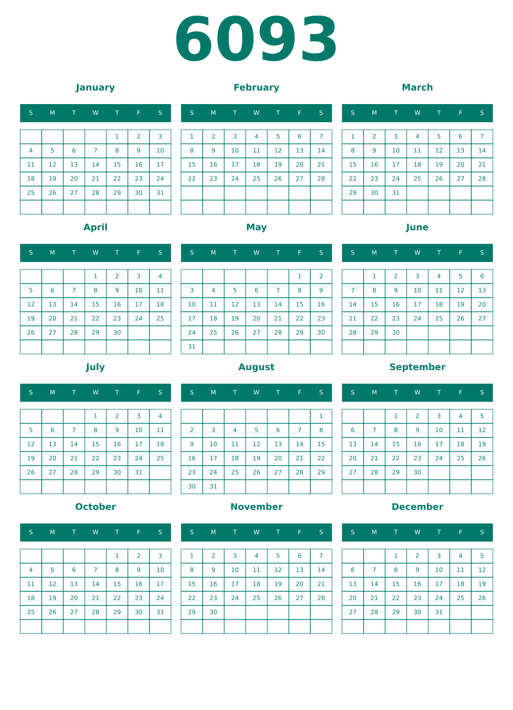 Printable 6093 Year Calendars pastel