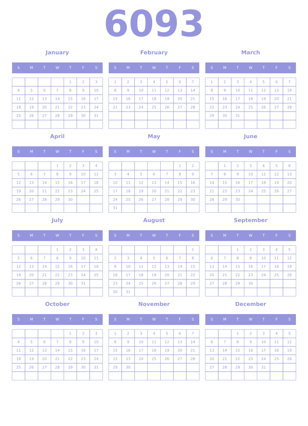 Printable 6093 Year Calendars periwinkle