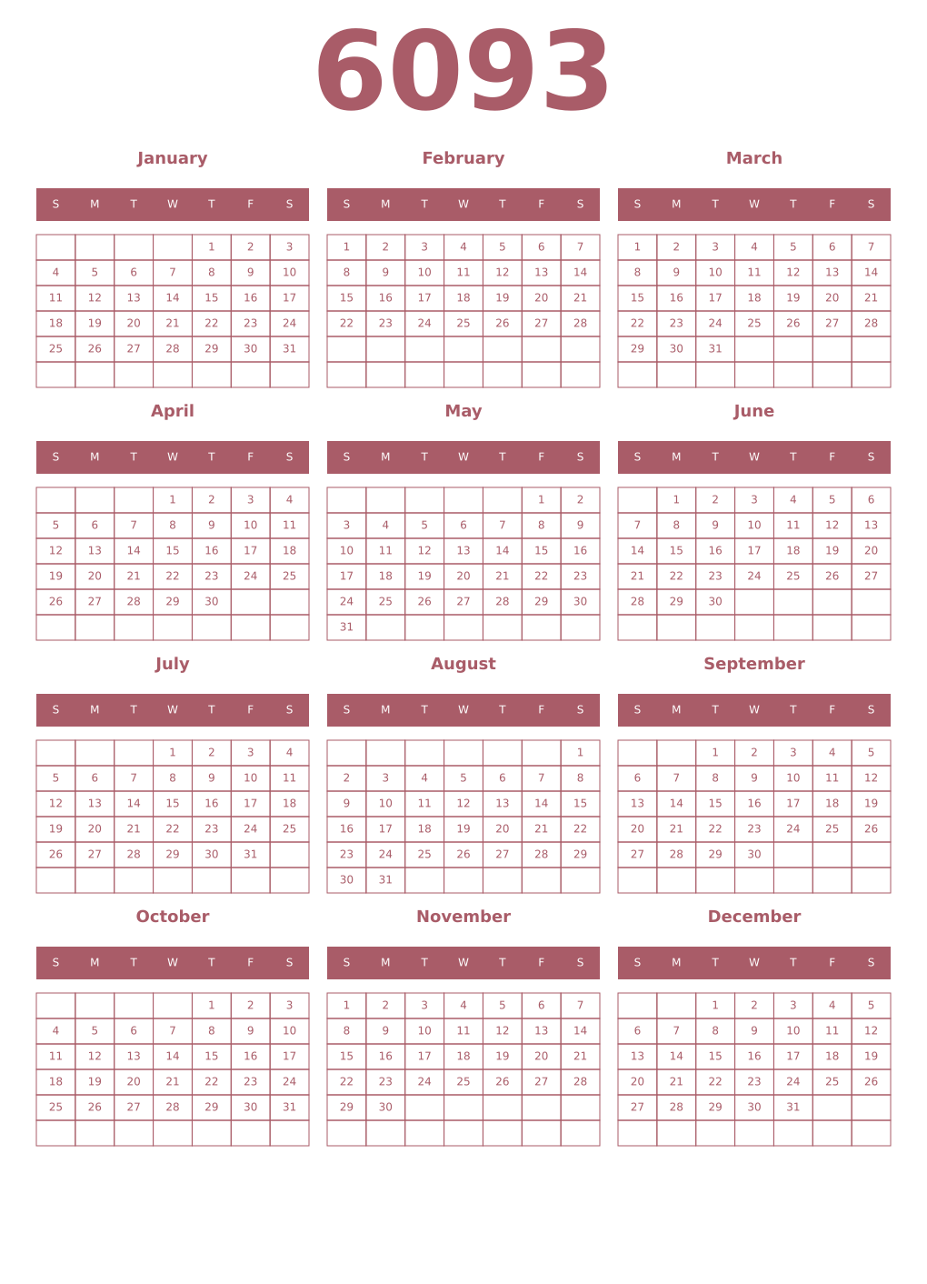 Printable 6093 Year Calendars puce