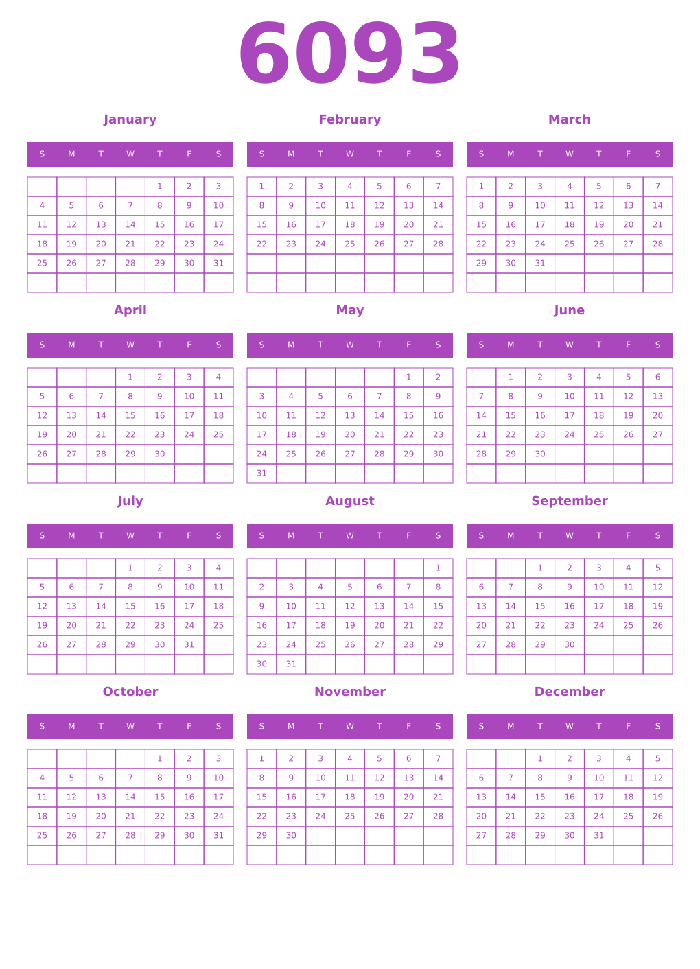 Printable 6093 Year Calendars purple