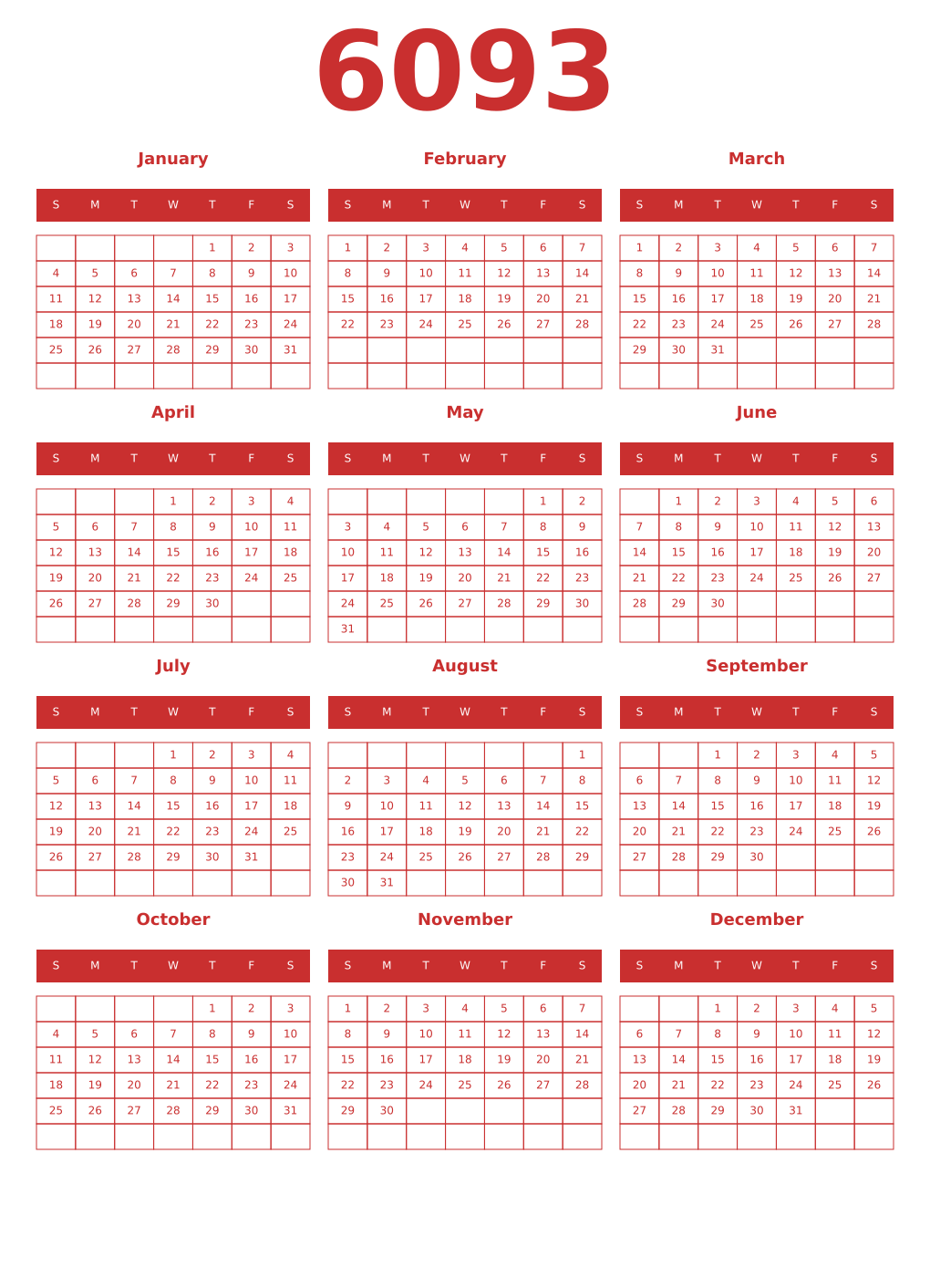 Printable 6093 Year Calendars red