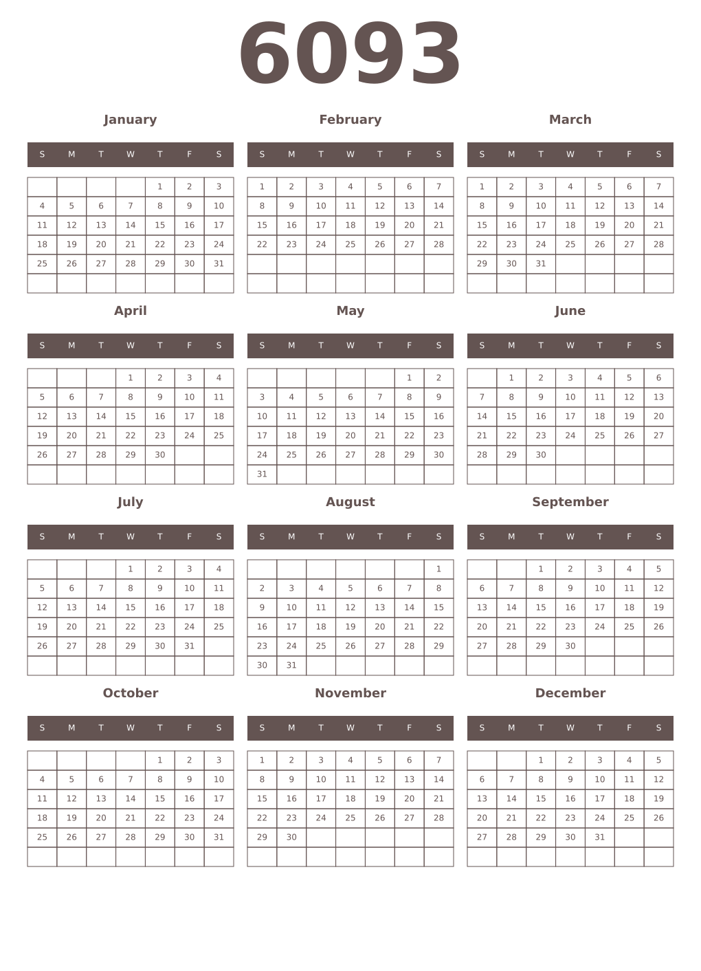Printable 6093 Year Calendars wenge