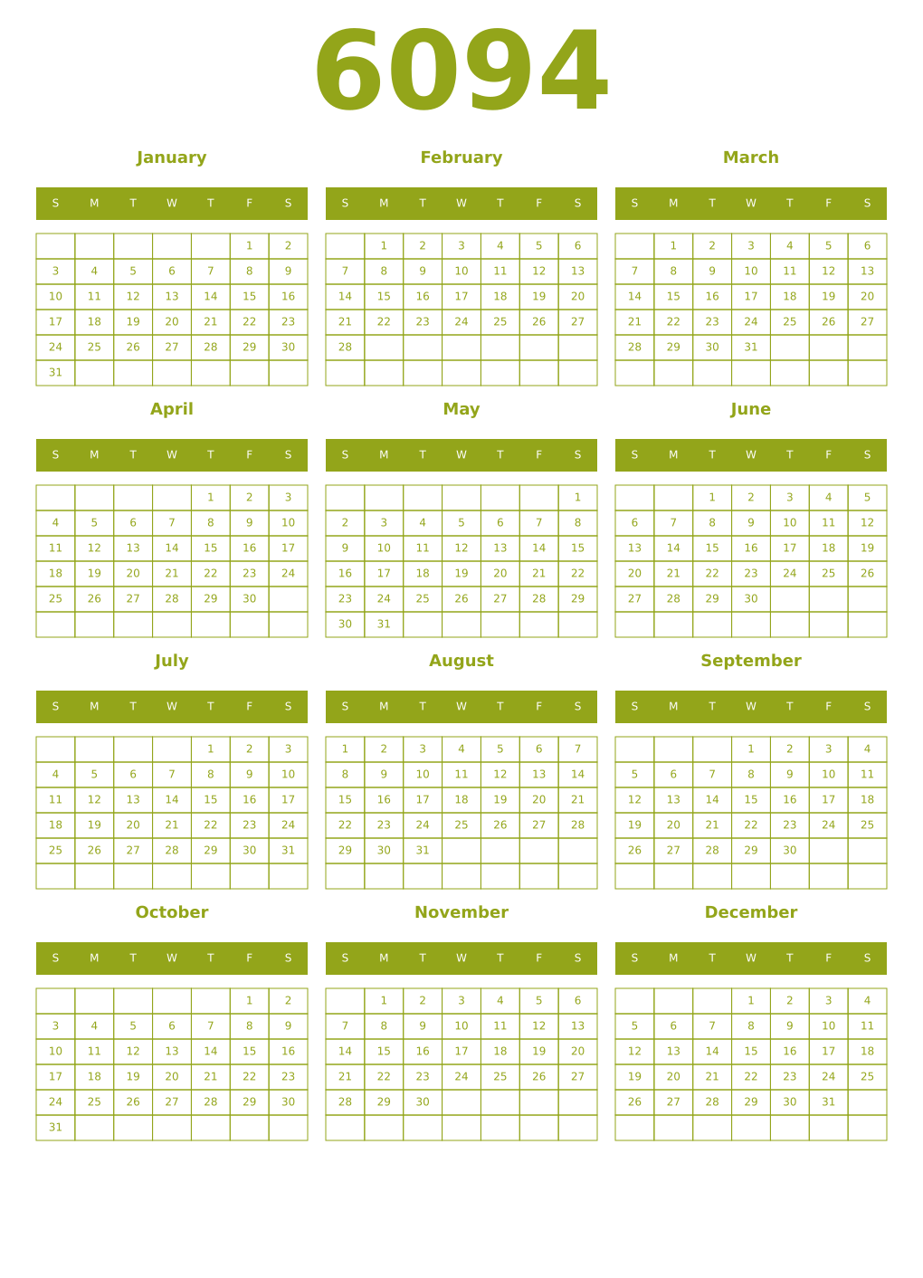 Printable 6094 Year Calendars chartreuse