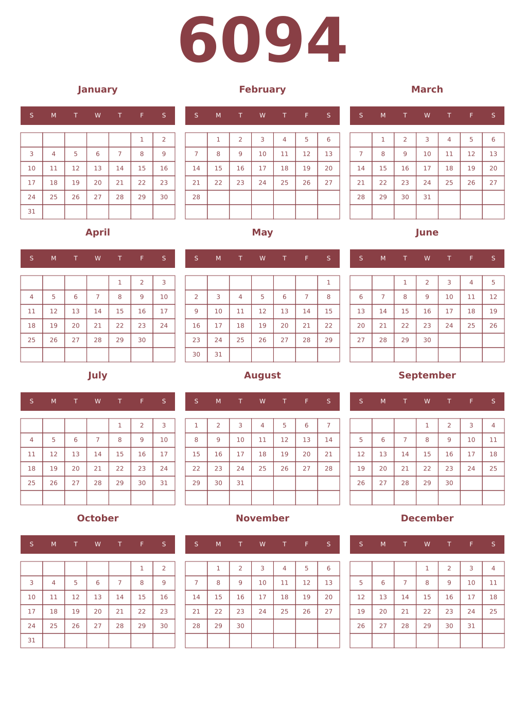 Printable 6094 Year Calendars cordovan