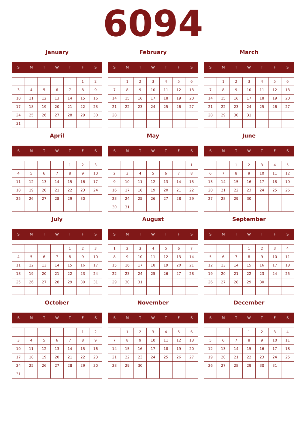 Printable 6094 Year Calendars falu