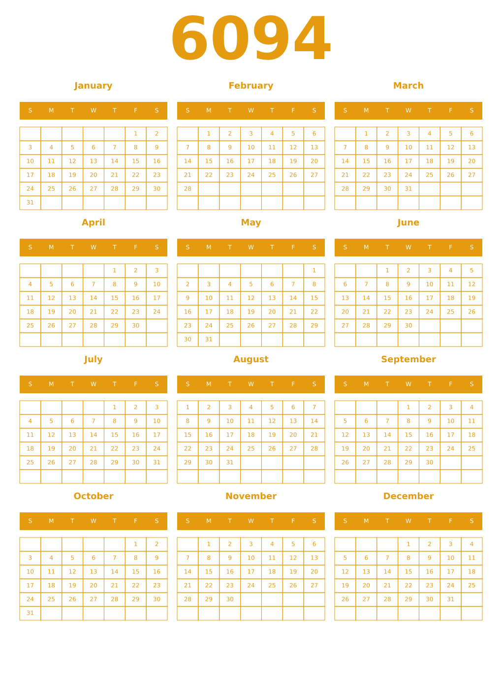 Printable 6094 Year Calendars gamboge