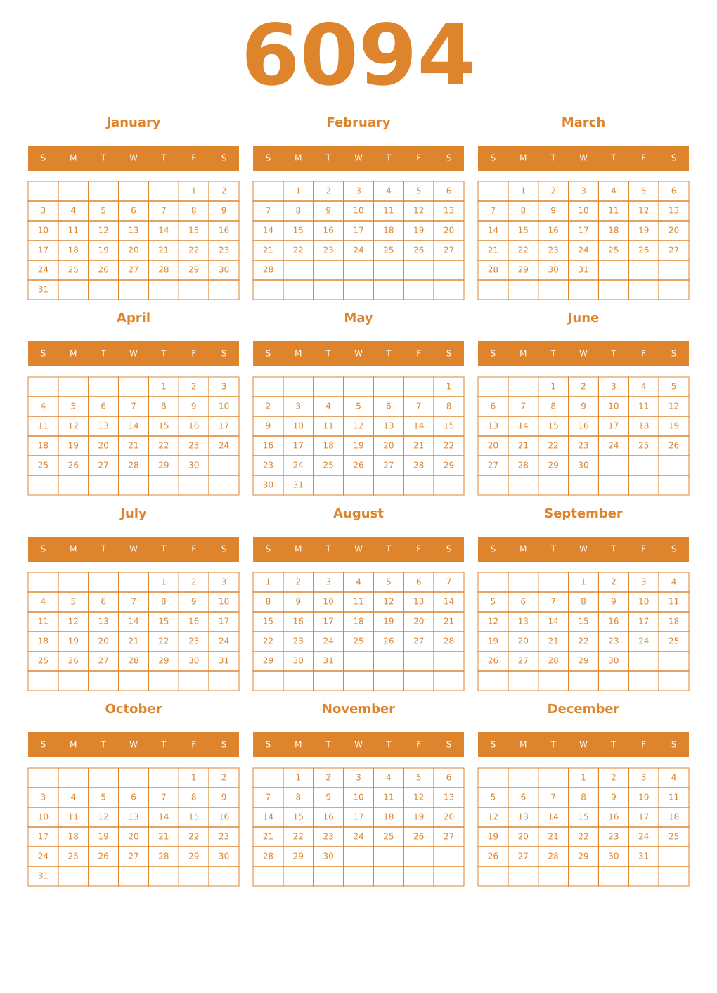 Printable 6094 Year Calendars orange