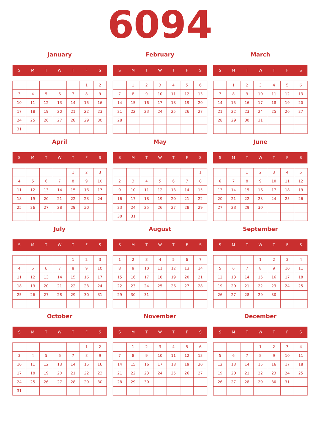 Printable 6094 Year Calendars red