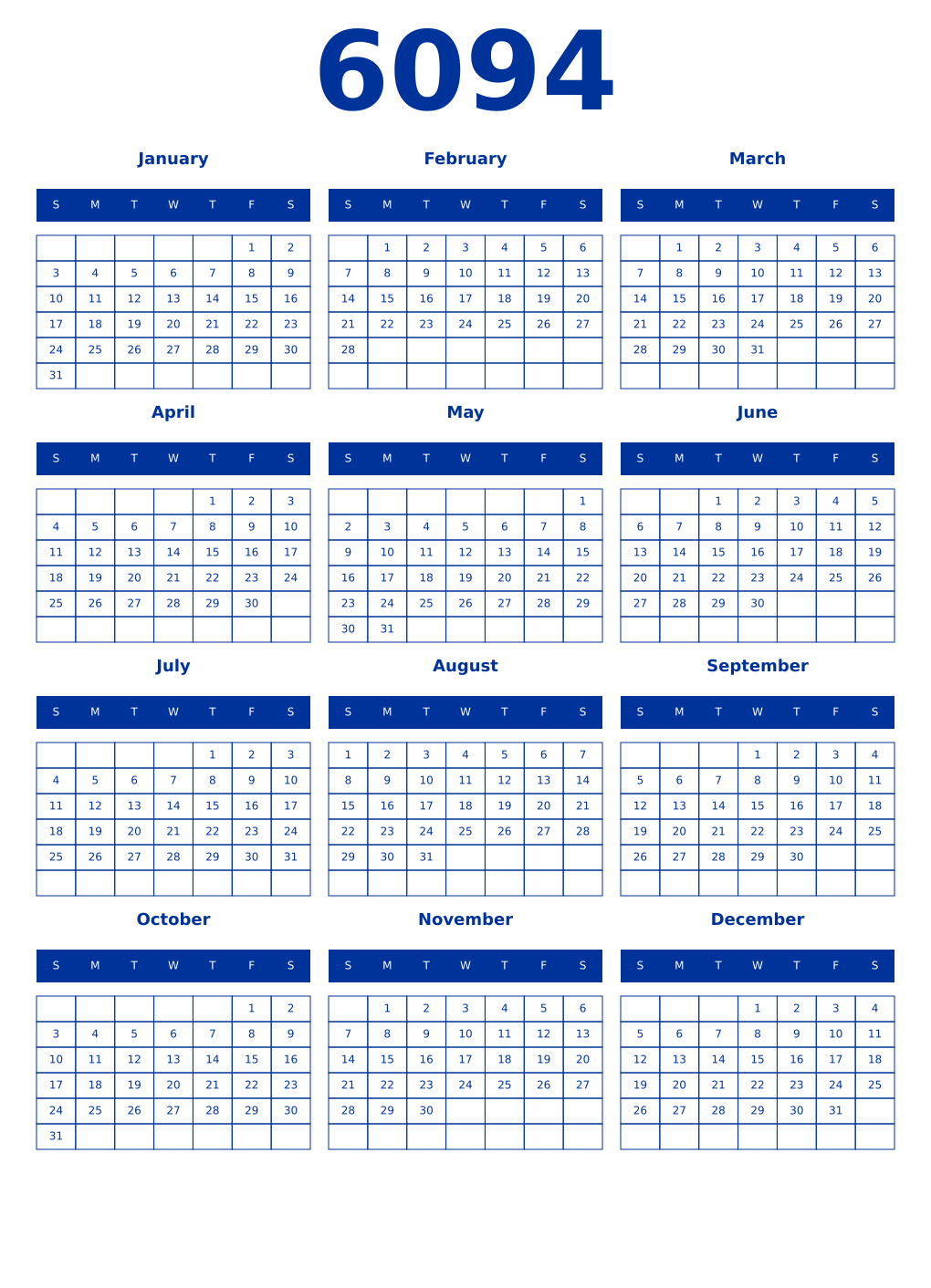 Printable 6094 Year Calendars smalt