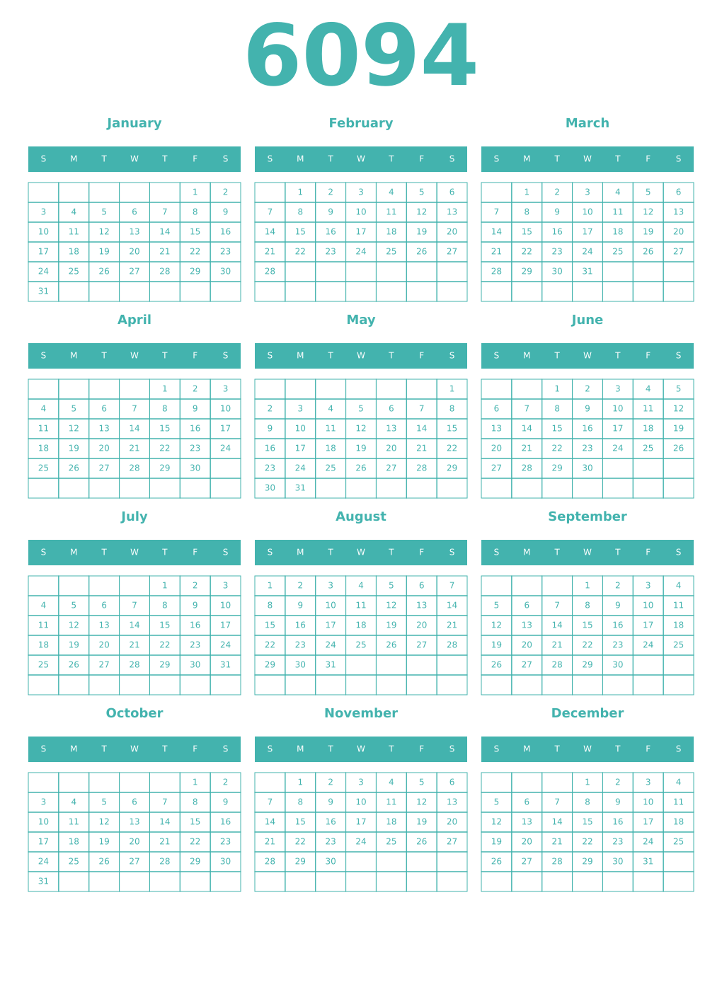 Printable 6094 Year Calendars verdigris