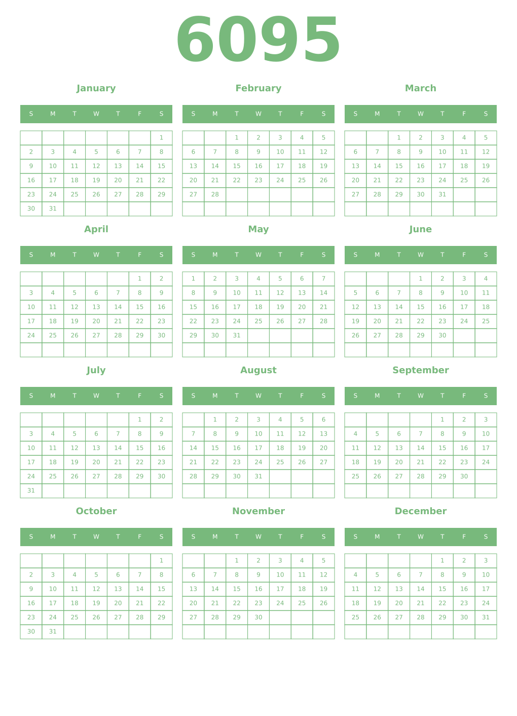 Printable 6095 Year Calendars celadon