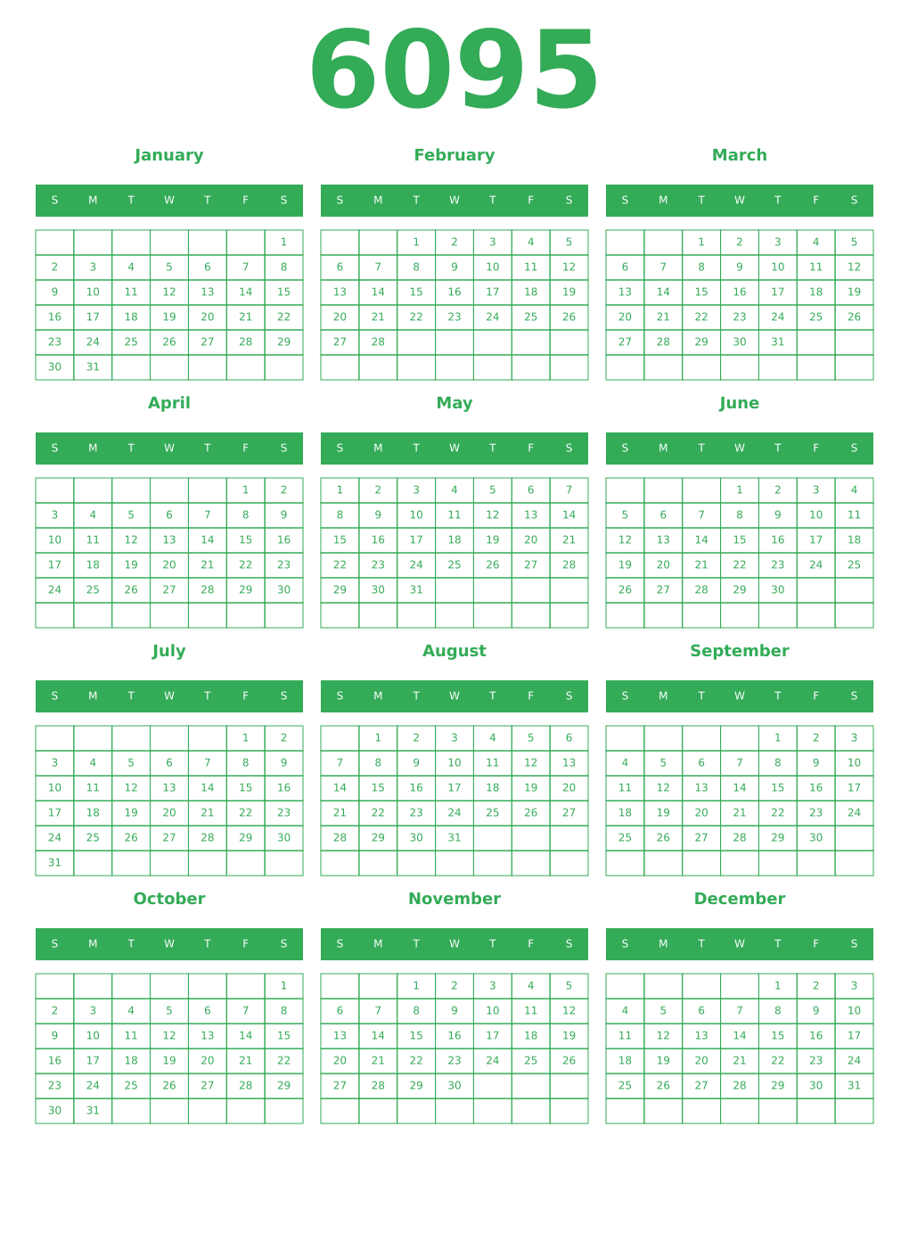 Printable 6095 Year Calendars green