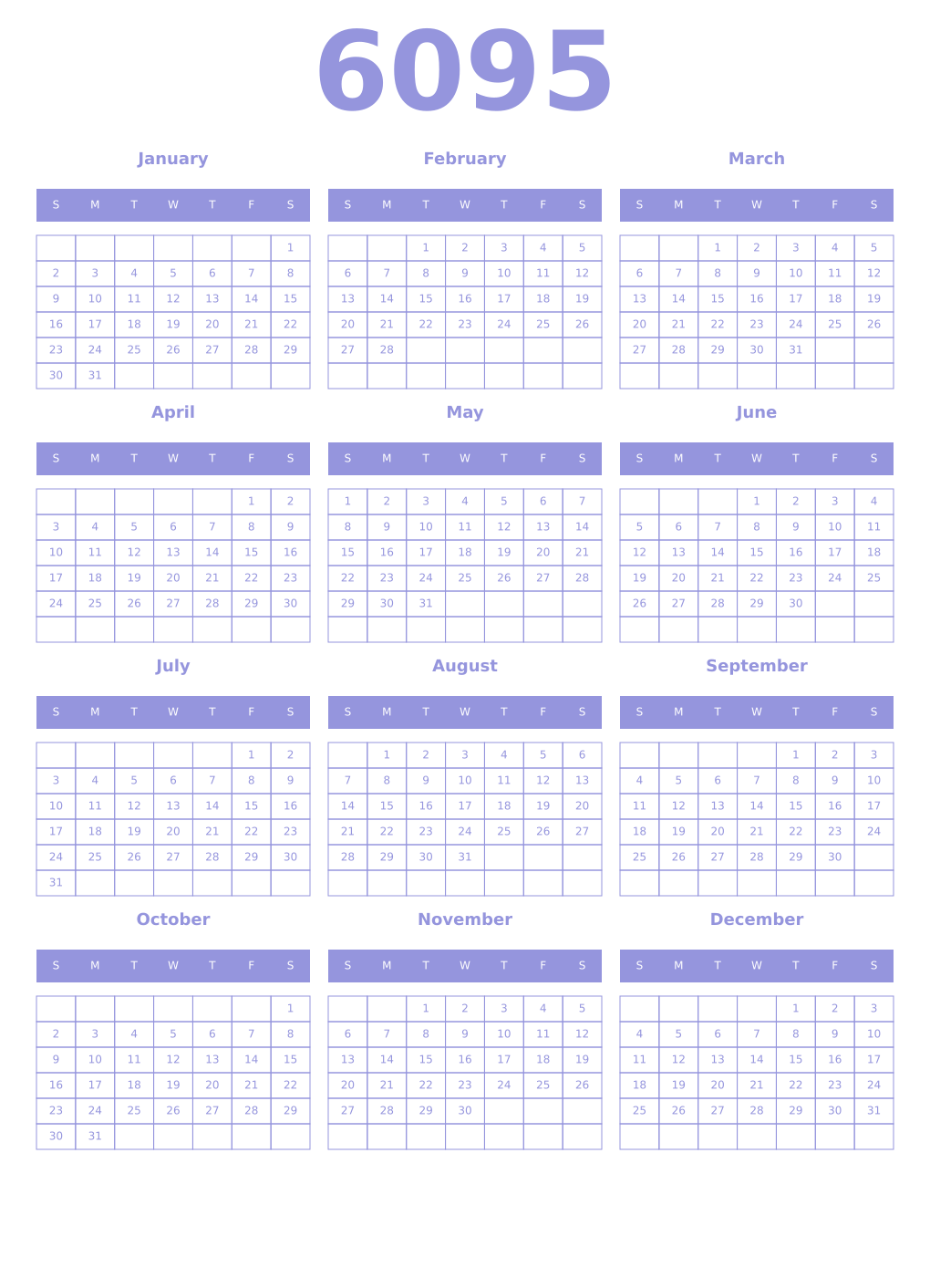 Printable 6095 Year Calendars periwinkle