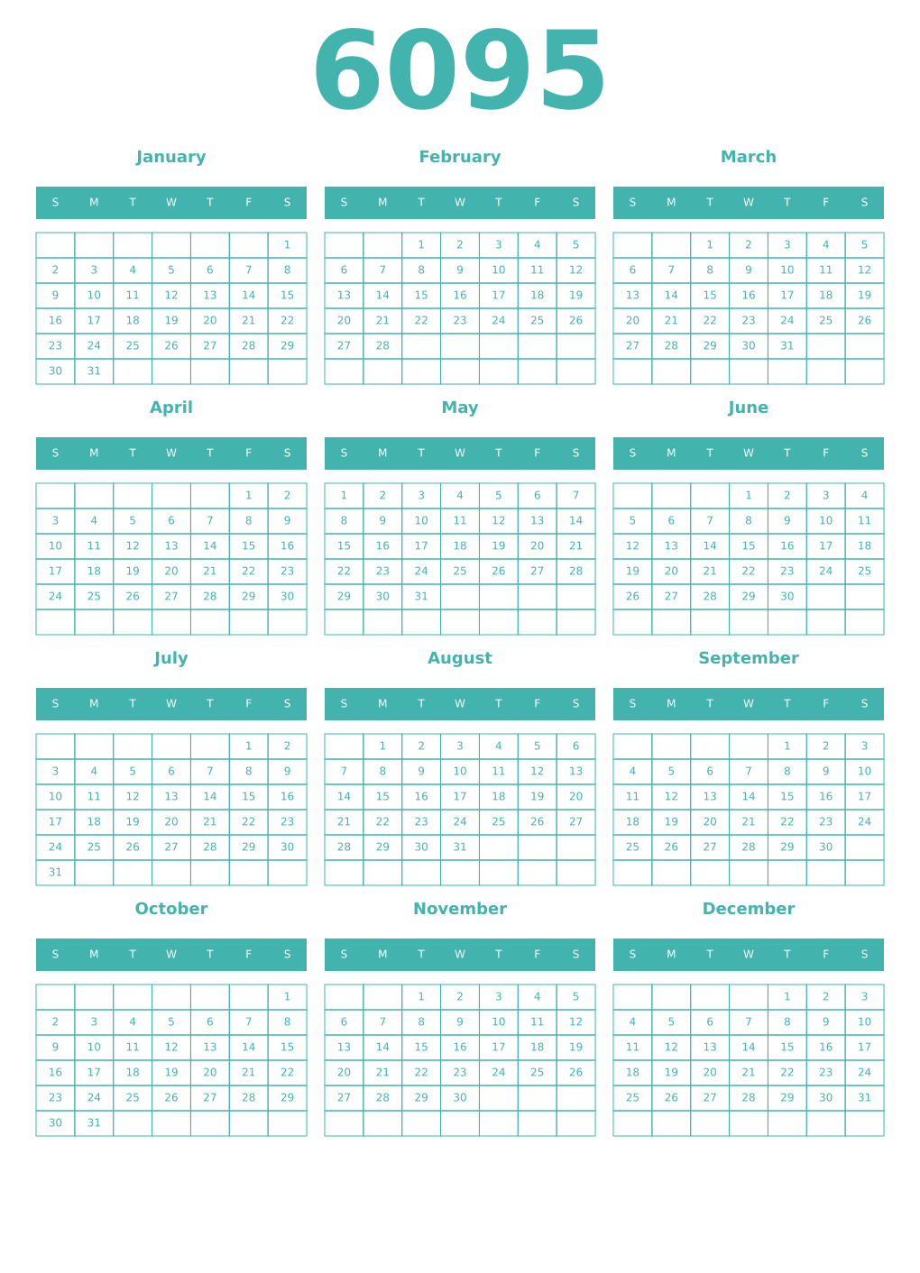 Printable 6095 Year Calendars verdigris